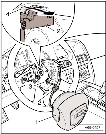 Audi factory diagram of the airbag removed showing the clock spring and horn/button connectors to disconnect on the column side