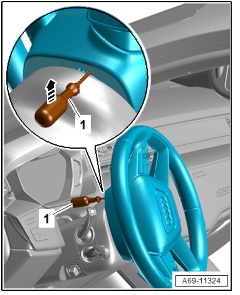 Audi factory diagram showing a screwdriver inserted into the access hole and pushed to release the airbag spring clip