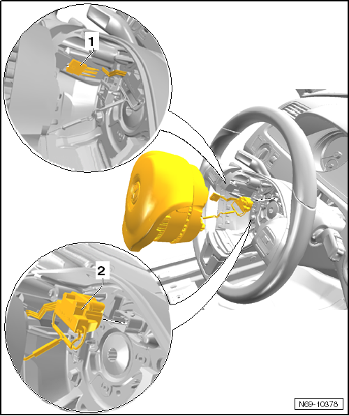 VW factory diagram of the airbag module eased forward showing the two connectors to release on the clock spring and button wiring